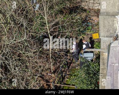 London, UK. 12th Feb, 2024. A council employee alerts police to suspicious items on the riverbank opposite Chelsea Bridge, but nothing concrete found. Credit: Brian Minkoff/Alamy Live News Stock Photo