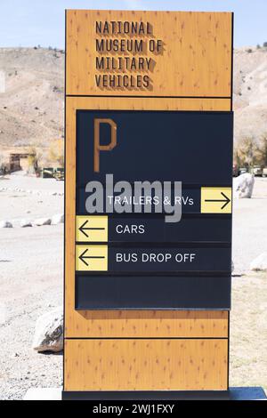 Dubois, Wyoming - October 5, 2023: National Museum of Military Vehicles, outside the entrance, parking instructions Stock Photo