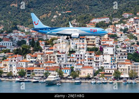 TUI Airways Boeing 737 MAX 8 aircraft Skiathos Airport in Greece Stock Photo