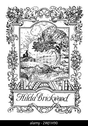 Pastoral scene bookplate for Hilda Brickwood by Harold Nelson Stock Photo