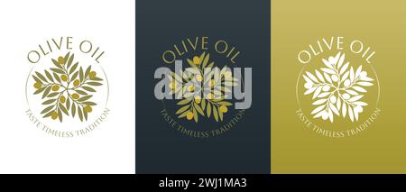 Vector logo of olive branch with leaves. Modern hand drawn vector olive oil icons. Branding concept for olive oil company, organic, eco-friendly oil p Stock Vector
