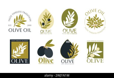 Set of vector logos of olive branch, tree, leaves and drops. Modern hand drawn vector olive oil icons. Branding concept for olive oil company, organic Stock Vector