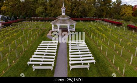 Aerial View of a Large Gazebo in the Middle of a Vineyard, With Seating for a Weddings Stock Photo
