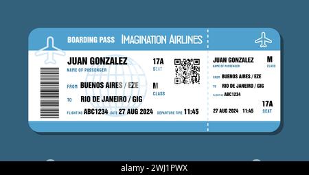 Ticket to Rio de Janeiro, Brazil from Argentina. Boarding pass template with generic data. Travel flight ticket vector illustration with QR code. Stock Vector