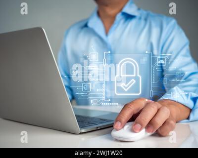 Businessman using computer secure encryption technology, cybersecurity privacy of data protection, security Internet access, security encryption of us Stock Photo