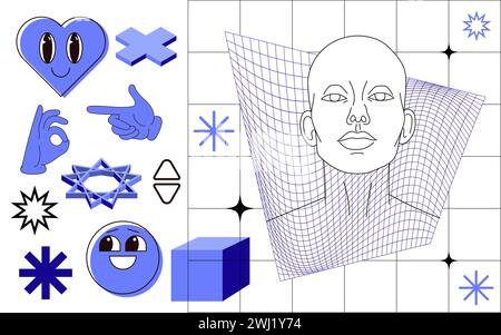 Retro futuristic y2k different shapes and figures set. Human head, heart, hands, star. Cyber neo futuristic style 80s 90s brutalism elements, abstract Stock Vector