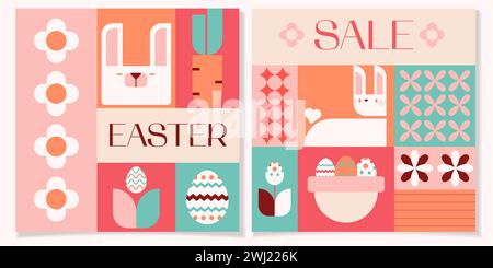 Easter sale geometric square bright flat template.Easter eggs,rabbits,basket,eggs hunt cards set.Vector illustration EPS 10 Stock Vector