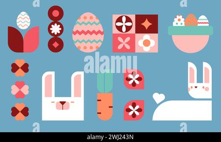 Easter geometric square bright flat clip art. Easter eggs,rabbits,basket,eggs hunt.Perfect for a poster, cover, or postcard.Vector illustration EPS 10 Stock Vector