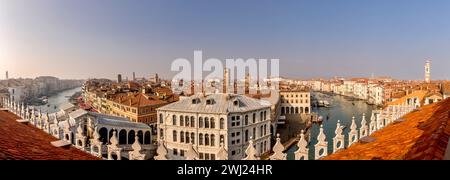 Venice, Italy - February 5, 2024: The Rialto Bridge and the Grand Canal viewed from the roof terrace of the Fondaco dei Tedeschi, Venice, Italy Stock Photo