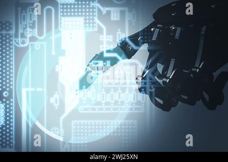 Real robot's hand and overlay of printed circuit board. Concepts of Artificial neural networks and machine learning Stock Photo