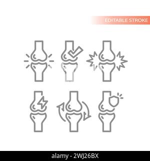 Joints, healthy and pain vector icon set. Human joint, rheumatism and arthritis outline icons. Stock Vector