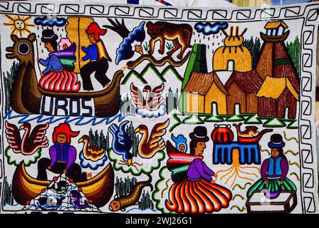 Uros Islands, Peru, May 1st 2009: Colorful tapestry of life on the Uros Islands Stock Photo