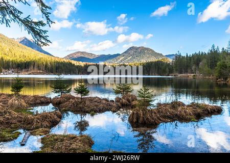 Lake Hintersee in Germany, Bavaria, Ramsau National Park in the Alps. Beautiful winter landscape with reflection. Stock Photo