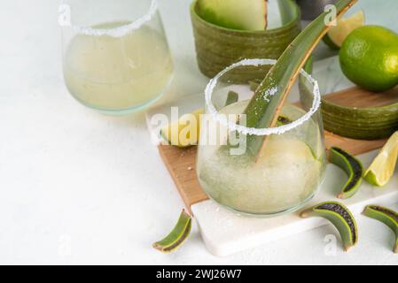 Aloe margarita cocktail with salty rim, lime and aloe vera slices, alcohol booze drink with tequila and aloe juice, copy space Stock Photo