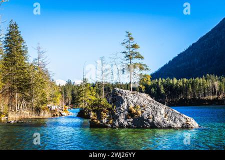 Lake Hintersee in Germany, Bavaria, Ramsau National Park in the Alps. Beautiful winter landscape with reflection. Stock Photo