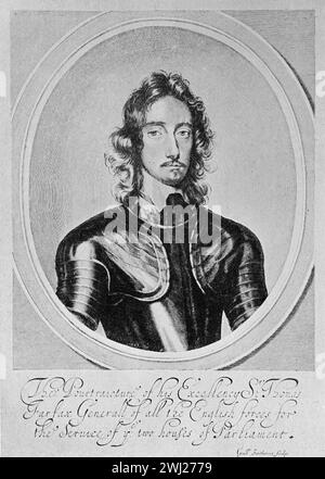 Portrait of Sir Thomas Fairfax, 3rd Lord Fairfax of Cameron (1612 – 1671) by William Faithorne the Elder. Black and White Illustration from the Connoisseur, an Illustrated Magazine for Collectors Voll 3 (May-Aug 1902) published in London. Stock Photo