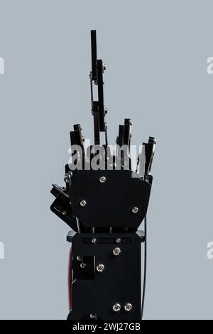 Real robotic hand giving the middle-finger against grey background. Concepts of AI takover and Technological singularity Stock Photo