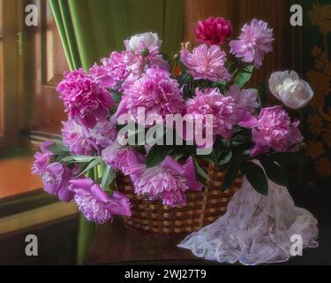 Still life with bouquet of pink peonies Stock Photo