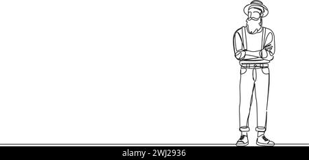 continuous single line drawing of older bearded hipster guy standing arms crossed over chest, line art vector illustration Stock Vector