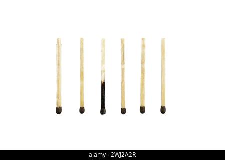 One whole and burnt matches lined up in a row isolated on a white background. The concept of emotional burnout and difference from others or individua Stock Photo