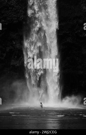 Man traveler, in the jungle, goes to the Nungnung waterfall. Bali Stock Photo