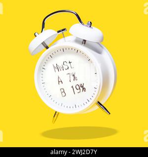 White bell alarm clock hovering over yellow background. german cash sales receipts. invoice Stock Photo