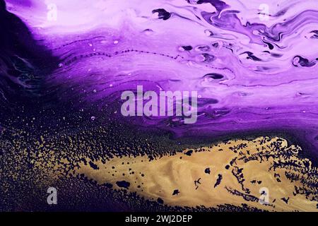 Metallic gold abstraction on violet waves. Fluid Art. Marble effect background or texture Stock Photo