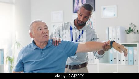 Old man, physiotherapist and arm stretching for training mobility in retirement or rehabilitation, wellness or injury. Elderly person, muscle support Stock Photo