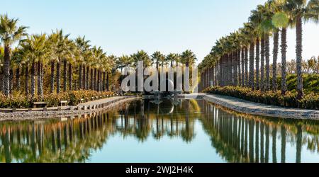 Koi carp fish pond in Bacalhoa Buddha Eden Park in Portugal Stock Photo