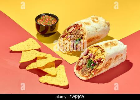 Traditional Mexican Beef Burrito with Nachos Chips and Salsa Sauce Stock Photo