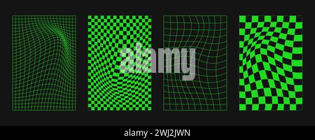 Abstract wireframes, cyberpunk elements and perspective green grids and spheres. Surreal geometric retro futuristic set. Psychedelic y2k shapes. Rave Stock Vector