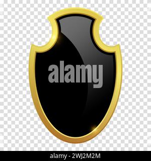 VIP luxury logo design element. Black shield with glossy bright golden frame. Vector clipart illustration. Transparent background. Stock Vector