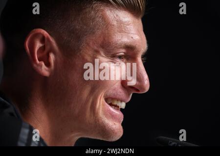 Leipzig, Germany. 12th Feb, 2024. Soccer: Champions League, ahead of the first leg of the round of 16 between RB Leipzig and Real Madrid. Real's player Toni Kroos speaks at the press conference. Credit: Jan Woitas/dpa/Alamy Live News Stock Photo