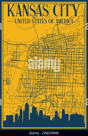 Road network and skyline poster of the downtown KANSAS CITY, UNITED STATES OF AMERICA Stock Vector