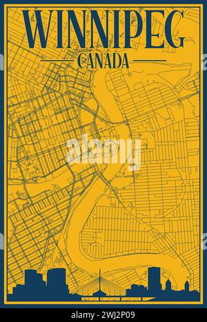 Road network and skyline poster of the downtown WINNIPEG, CANADA Stock Vector