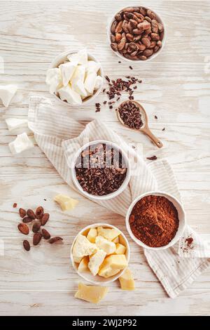 Cocoa beans, chocolate, cocoa butter, nibs and cocoa powder, baking ingredients Stock Photo