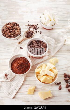 Cocoa beans, chocolate, cocoa butter, nibs and cocoa powder, baking ingredients Stock Photo