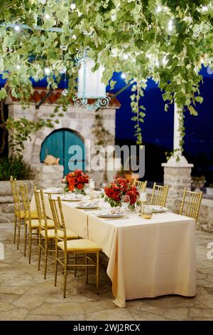 Set festive table in the courtyard of an ancient house with weaving green plants and glowing garlands Stock Photo