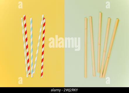 Reusable paper and bamboo, drinking straws as alternative replacement for single-use, classic dispos Stock Photo