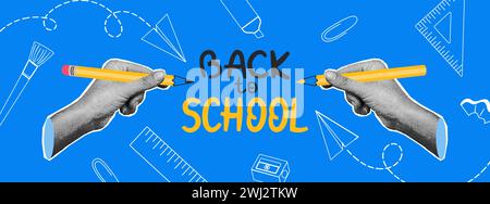 Hands holding pencils halftone collage vector illustration Stock Vector