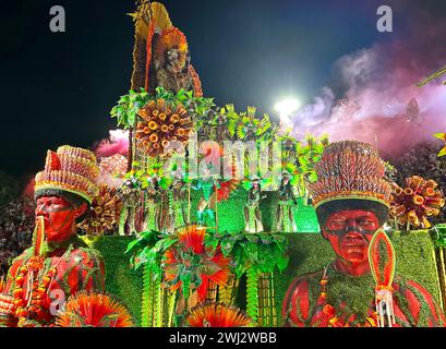 Performers from the Salgueiro samba school parade on a float during