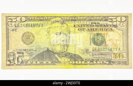 fragment of 50 dollar banknote with visible details of banknote reverse for design purpose. 50 dollars watermark Stock Photo