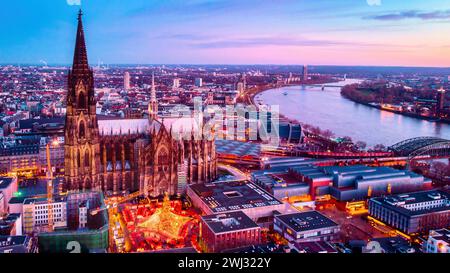 Cologne Germany Christmas market, aerial drone view over Cologne rhine river Germany Stock Photo