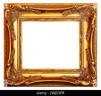 Old antique gold frame over white background. gold plated wooden picture frame. Stock Photo