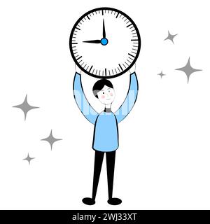 A man with a clock on a white background. Time management Stock Vector