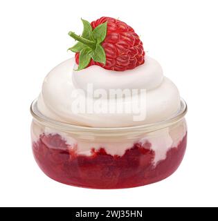 Glass jar of yogurt with raspberry jam isolated on white background Stock Photo