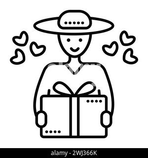 Deliveryman in a hat, courier with a parcel, black line vector icon Stock Vector