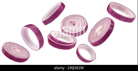 Red onion rings isolated on white background Stock Photo