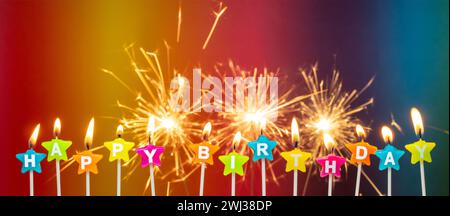 Burning candles with the words Happy Birthday, burning in a long row. Bengal fire sparkle, sparkler Stock Photo