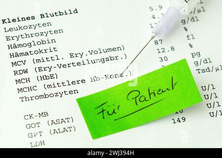 German Laboratory blood count with syringe. The word  - FÃ¼r Patient on green sticky notes posted. Stock Photo